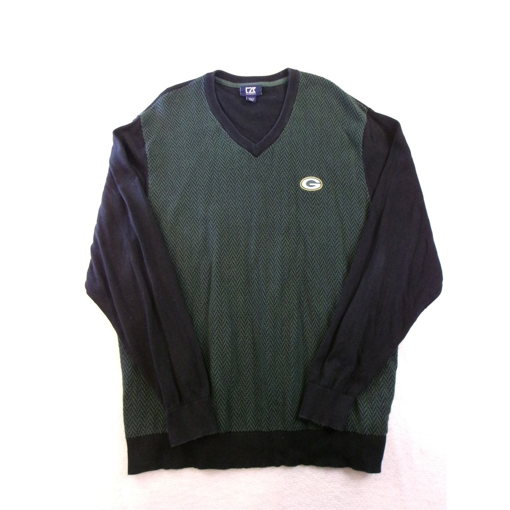 Cutter & Buck Green Bay Packers Mens XL V-Neck Cotton Sweater Green Black
